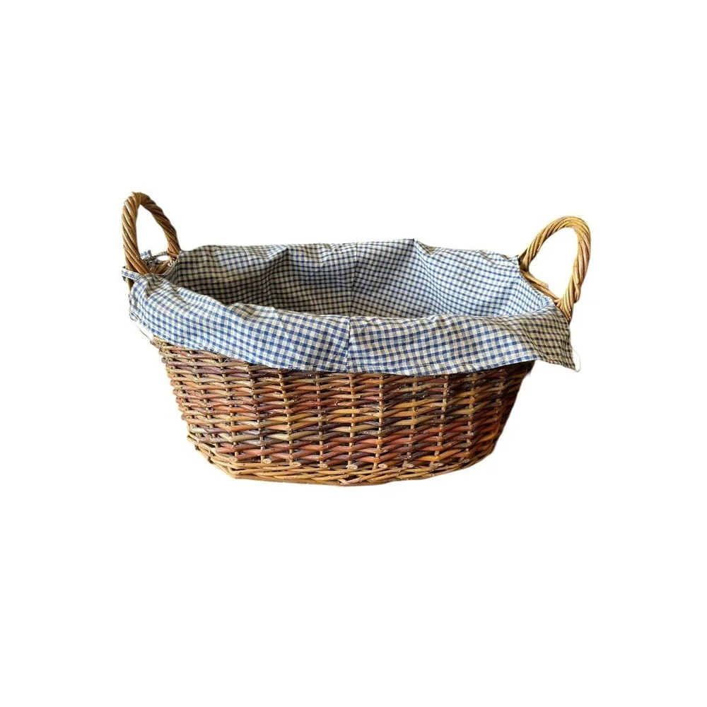 Vintage Wicker‎ Basket w/ Blue Gingham Liner Farmhouse Country Decor
